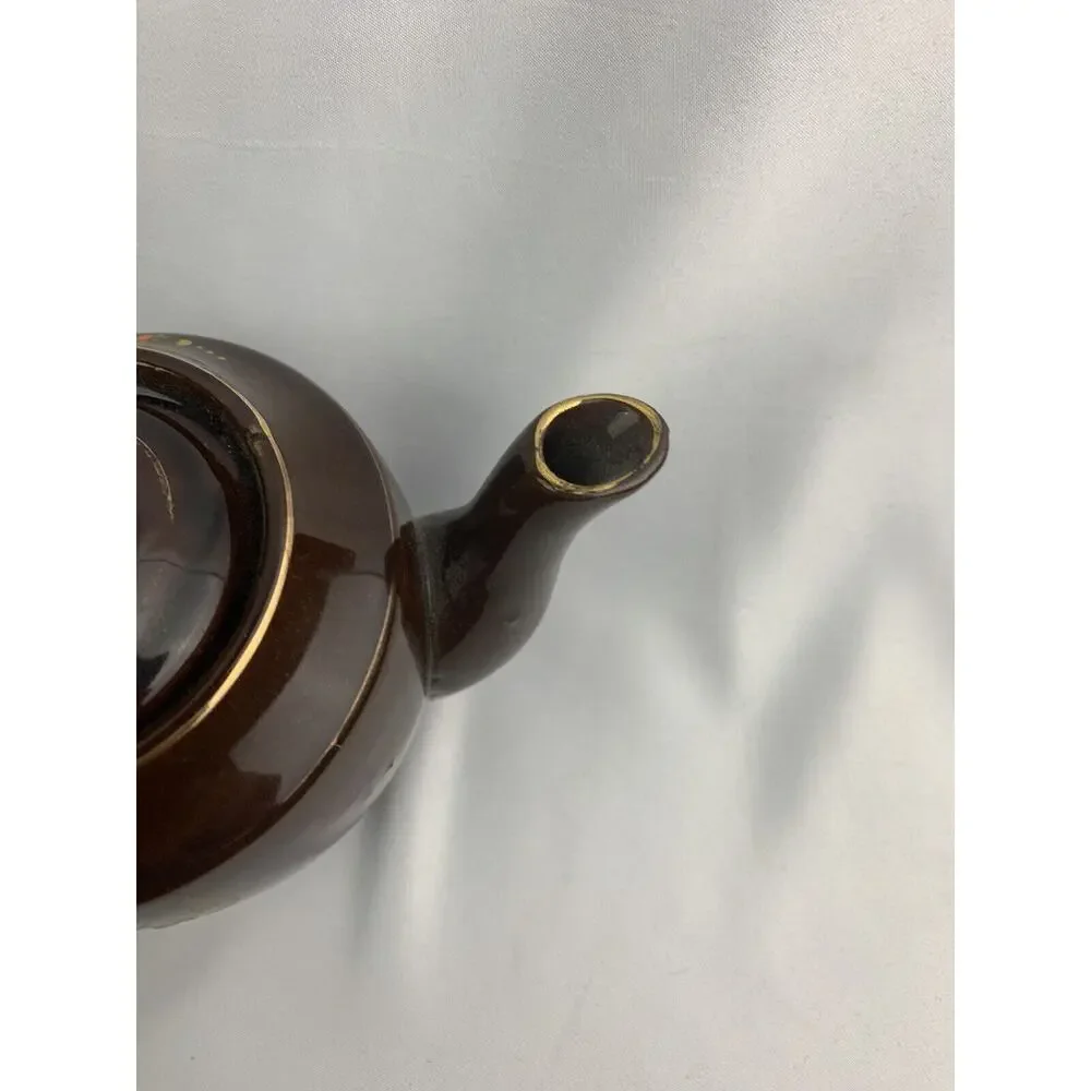 Vintage Brown Teapot Japan Redware Petite Pottery Moriage Style Enamel 4.5